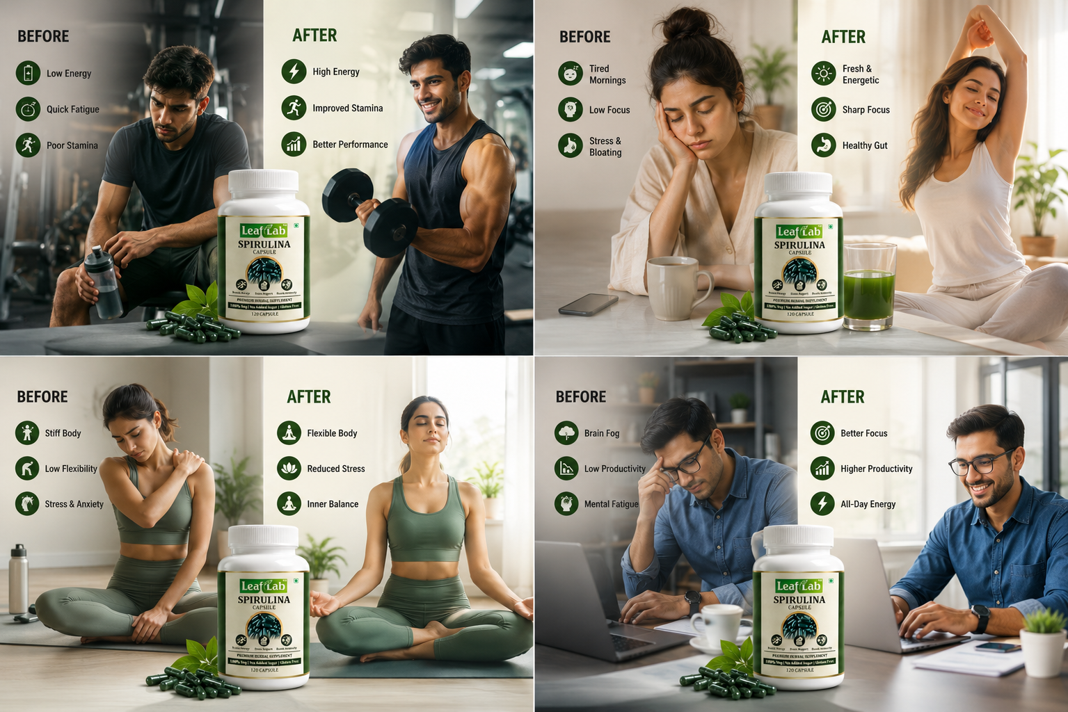 LeafLab Spirulina Capsules 2000mg Per Serving – 120 Veg Capsules | Natural Green Superfood for Energy, Immunity & Detox | Plant Protein, Iron & B12 For Men And Women | No Fillers, Vegan, Gluten-Free