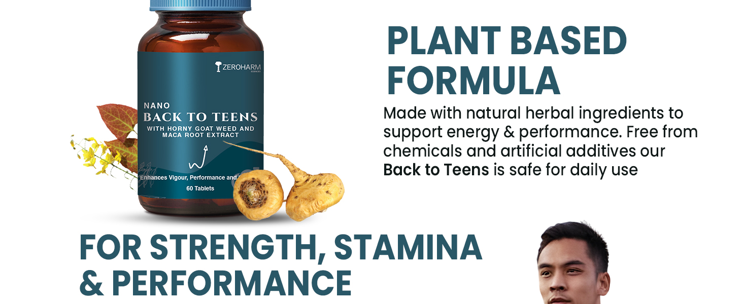 ZEROHARM BACK to TEENS - Horny Goat weed Epimedium - Maca Root extract - Safed Musli - Nano Formulated- 120 herbal Tablet