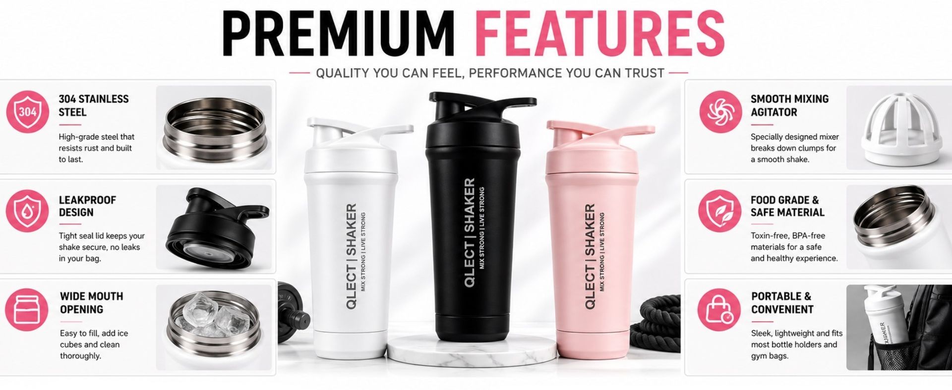 QLECT Stainless Steel Grade 304 Protein Shaker Bottle for Gym | Mixer Agitator | Leak Proof | 2 way Opening & Clenaing | 2 Openings Wide Mouth & Flip Lid | Food Grade Bpa Free | Odor Resistant (700ml)