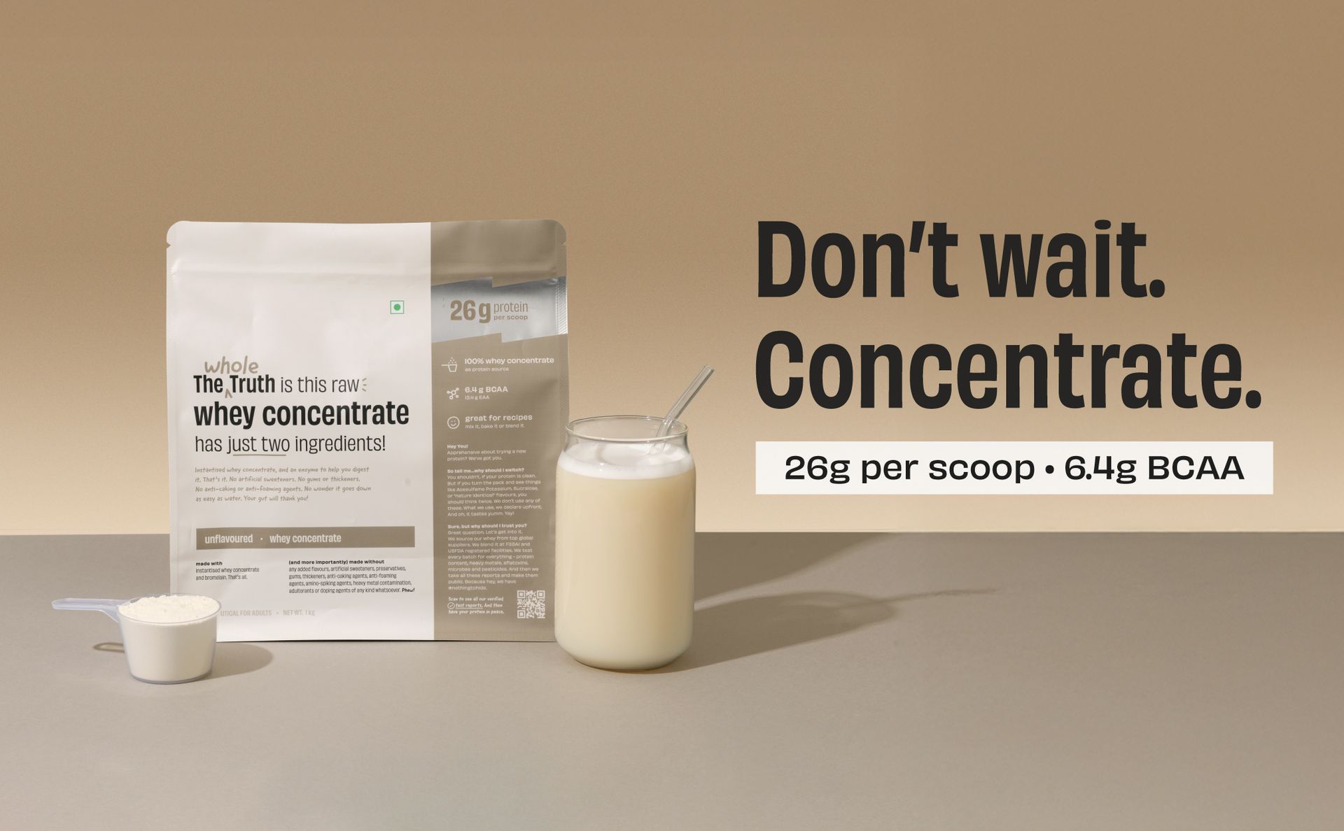 The Whole Truth Whey Protein Concentrate Unflavoured |1 kg (2.2 lbs) | 26g Protein per scoop | 6.4g BCAA | No Adulteration | Clean and Light | Muscle Building | Vegetarian