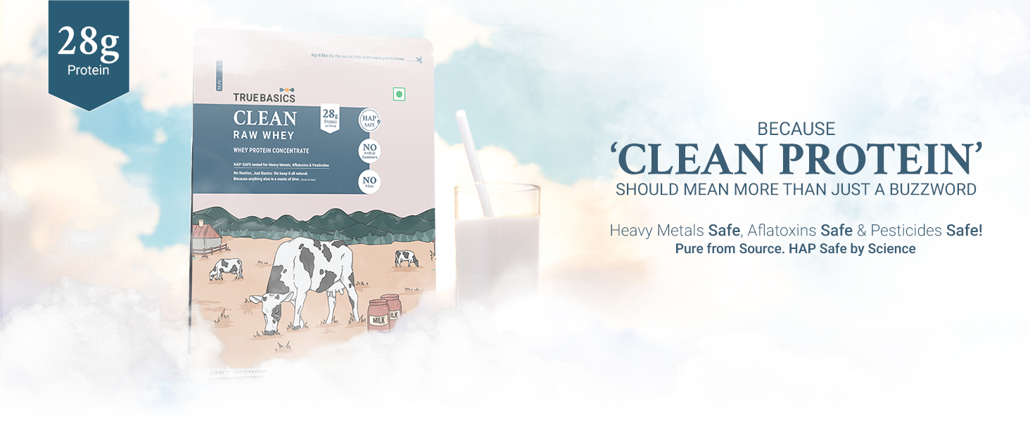 TrueBasics Clean Raw Whey Protein Concentrate Powder, Unflavoured, 1kg