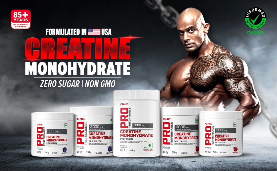 GNC Pro Performance Creatine Monohydrate with Black Shaker - 3000mg Creatine Per Scoop | Micronized for Faster Absorption | Boosts Energy, Muscle Volume & Performance | Gluten-Free | Cranberry | 250gm