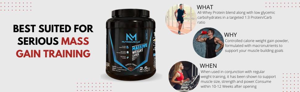 Nutrimuscle Massive Weight Gainer Powder for Men & Women – Chocolate Flavour | 1.134 Kg (2.5 lbs) | High Calorie Mass & Muscle Gainer with Complex Carbs, Protein Blend & Essential Vitamins
