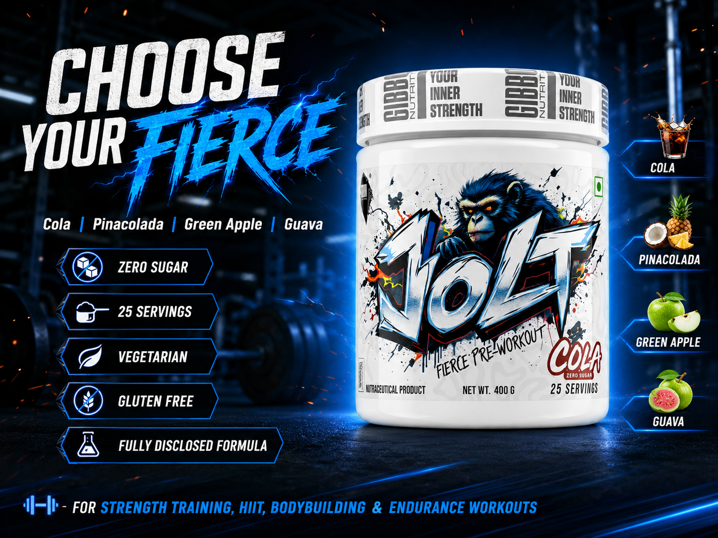 GIBBON JOLT Fierce Pre-Workout 400g 25 Servings | 7000mg Citrulline, 5400mg Beta-Alanine, 300mg Caffeine, 1000mg Taurine | Zero Sugar, Vegetarian, Gluten Free | Guava Flavour