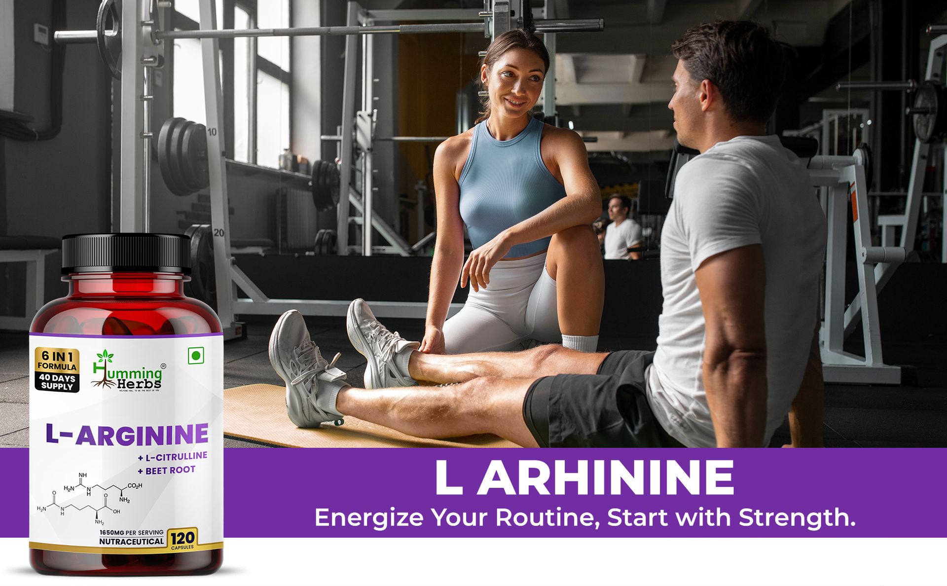 Humming Herbs L-Arginine with L-Citrulline, Beetroot, Ginseng, Safed Musli & Mucuna | 1650mg per Serving | 120 Veg Capsules | 6-in-1 Herbal Nutrition Blend | For Adults