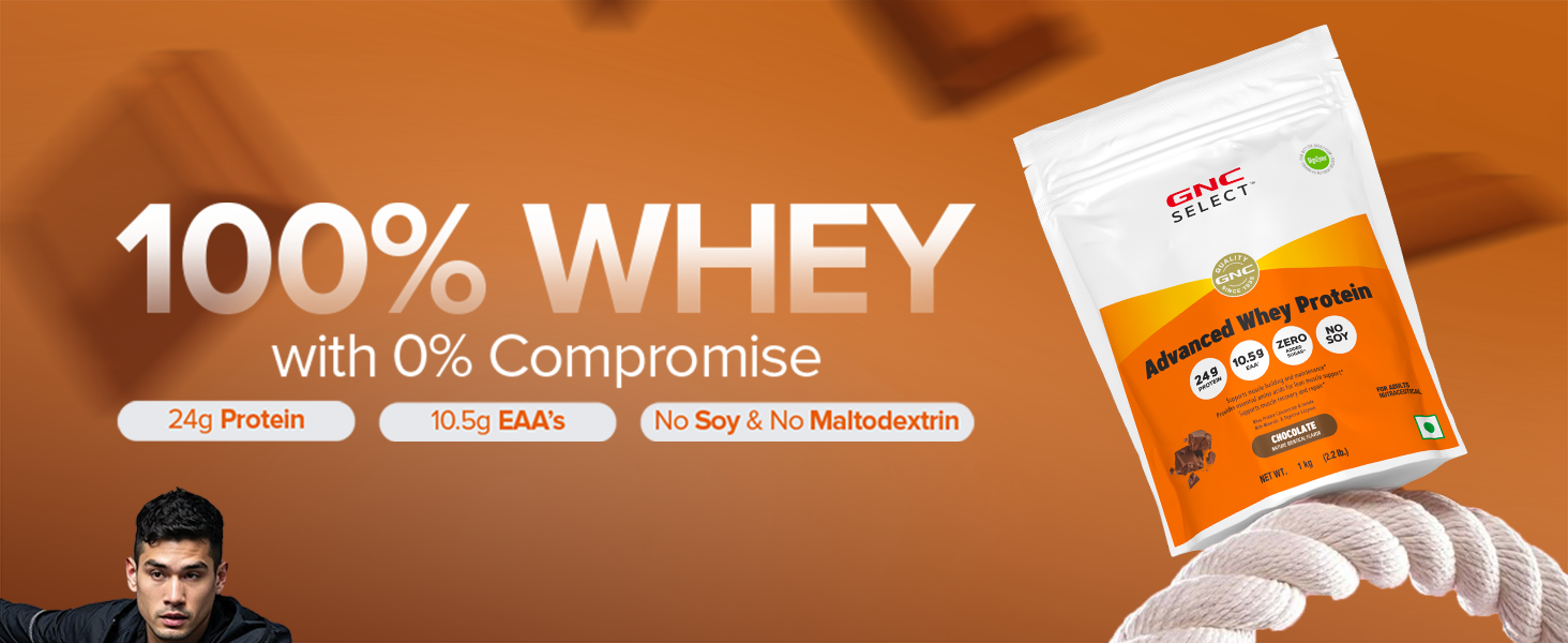 GNC Select Advanced | 24g Whey Protein & 10.5g EAAs | Isolate & Concentrate Blend Sourced from Indian Dairies | Zero Added Sugar | No Soy | Supports Muscle Growth, Recovery & Strength | Enhanced with DigeZyme® for Better Digestion & Easy Absorption | Chocolate, 1 kg