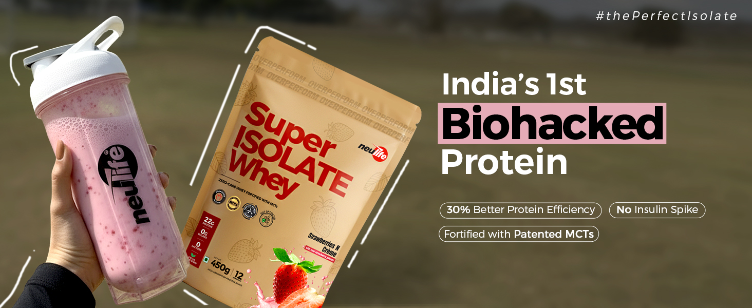 Neulife Super Isolate Whey Protein 450 g | Max Absorption Protein Shake with Patented Ketofuel MCTs | Strawberries & Crème with Real Fruit