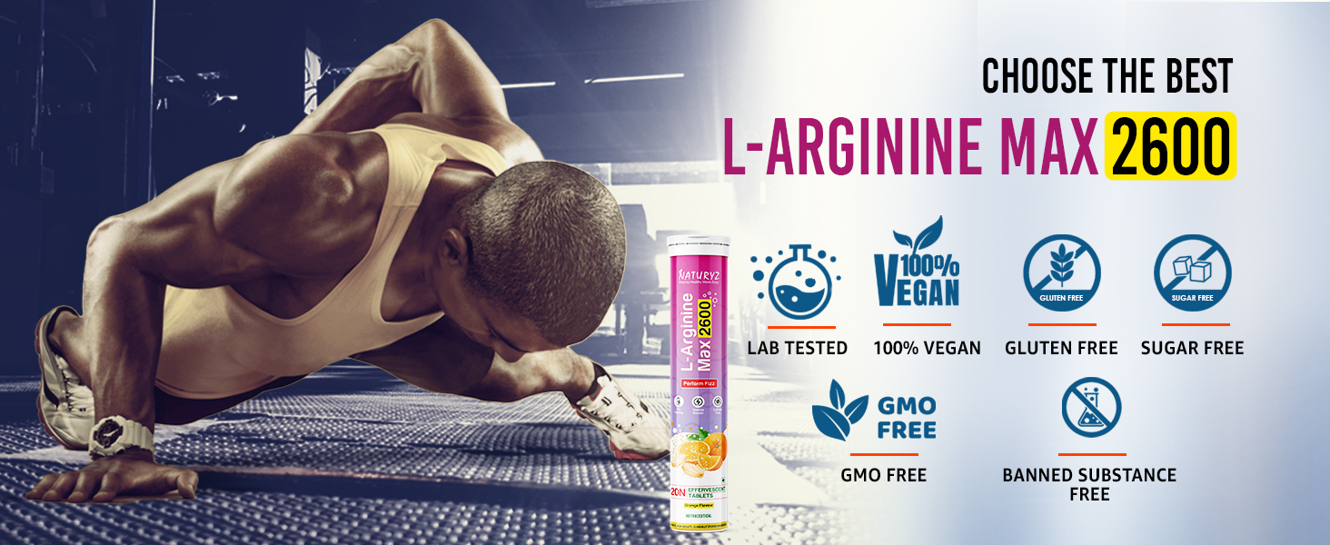Naturyz L-Arginine Max 2600 Effervescent Tablets | Boosts Stamina | Increases Blood Flow | Improves Performance | Pre-workout Supplement 20 capsules (Orange Flavour), 1 count
