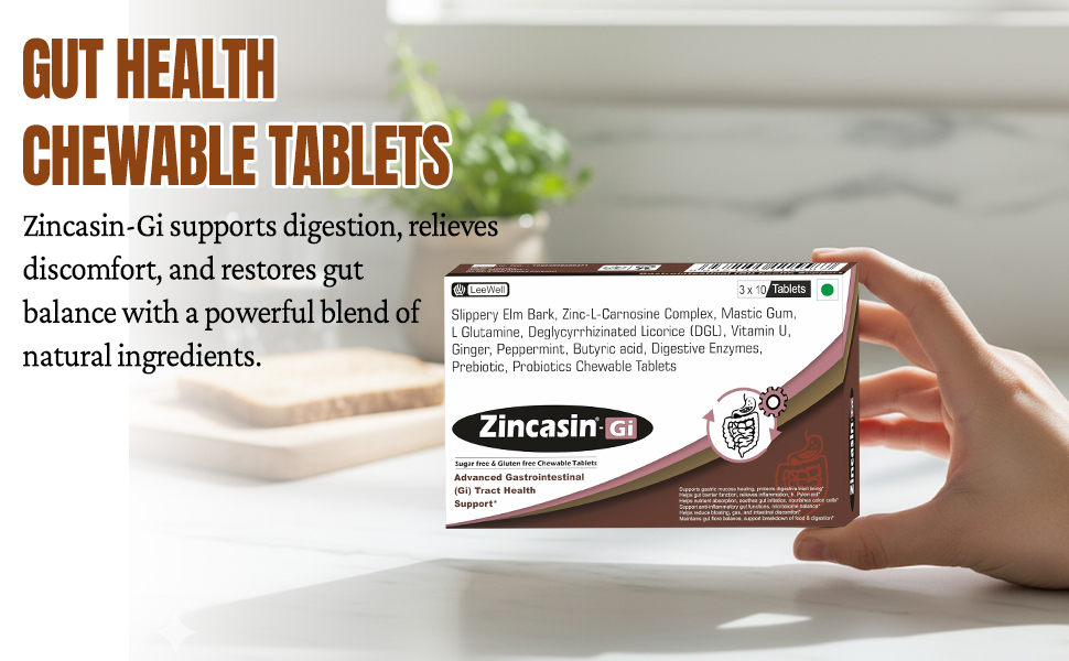 Zincasin -Gi (LeeWell) Chewable Digestive Enzymes, Probiotics | Leaky Gut, Digestion, Gas Bloating Support | Zinc Carnosine, Mastic Gum, L Glutamine, DGL, Vitamin U, Slippery Elm -30 Tablets