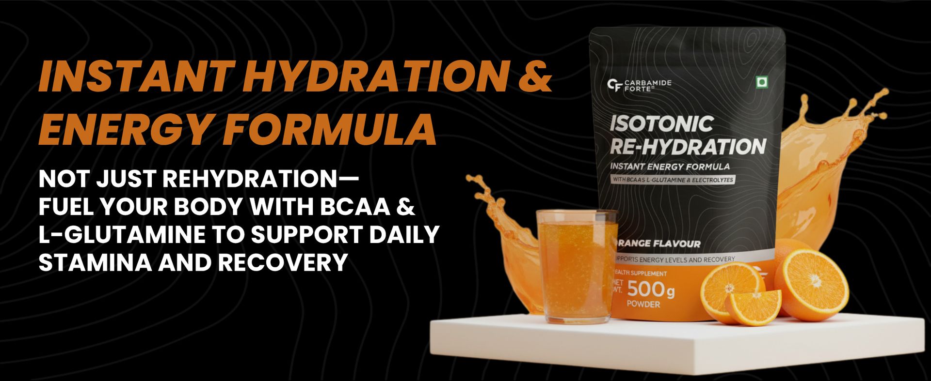 Carbamide Forte Isotonic Powder | Pre Workout Supplement For Men And Women| Instant Energy Drink for PreWorkout | Electrolytes Powder with added BCAA & L Glutamine - Orange Flavour - 500g (Pack of 1)