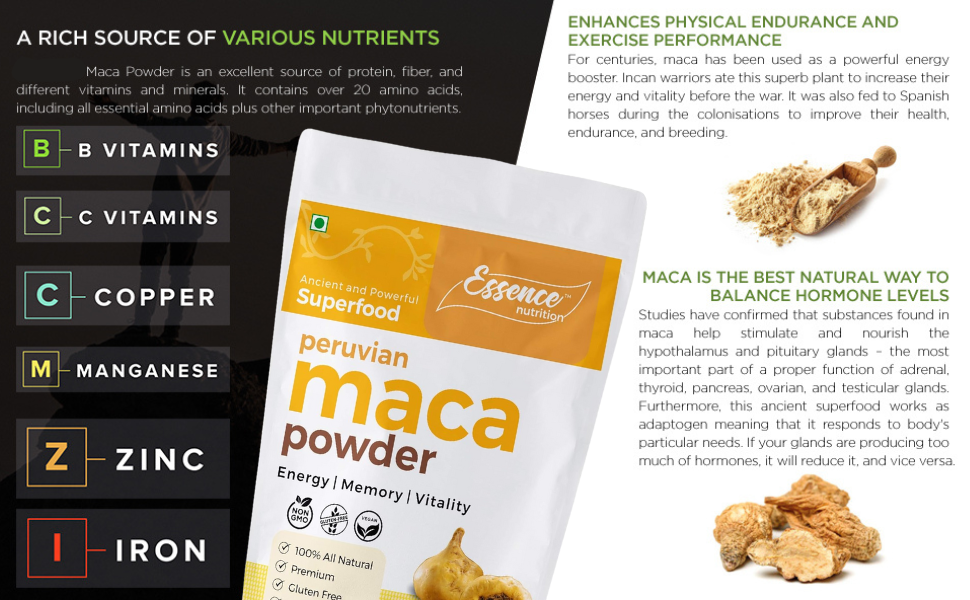 Essence Nutrition Maca Root Powder (125 Grams) - All Natural & NON GMO Maca Root Powder Imported From Peru - Use as a Maca Coffee For Men