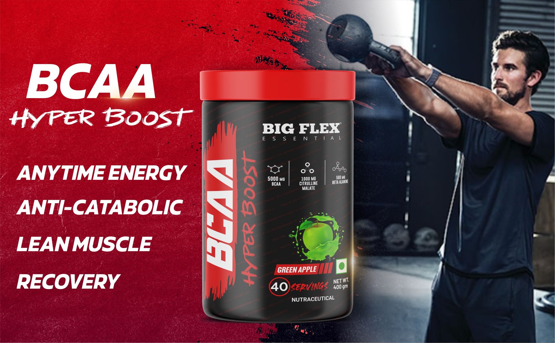 Bigflex Essential BCAA Hyperboost 5000mg Bcaa + 1000mg Citrulline malate | 500mg Beta Alanine | 500mg L-Taurine| Caffeine | Muscle Growth | Recovery | Energy - 40 Servings (Watermelon)