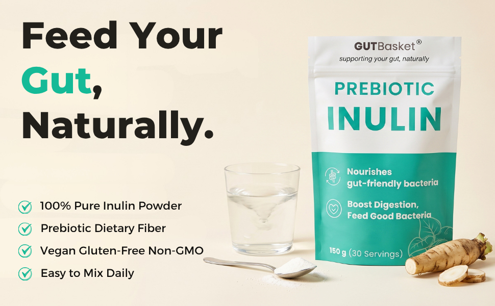 Gutbasket Pure Inulin Powder (250g) - Prebiotic Fiber for Gut Health & Digestive Wellness - Vegan, Non-GMO, Gluten-Free - Ideal for Smoothies, Coffee, and Baking