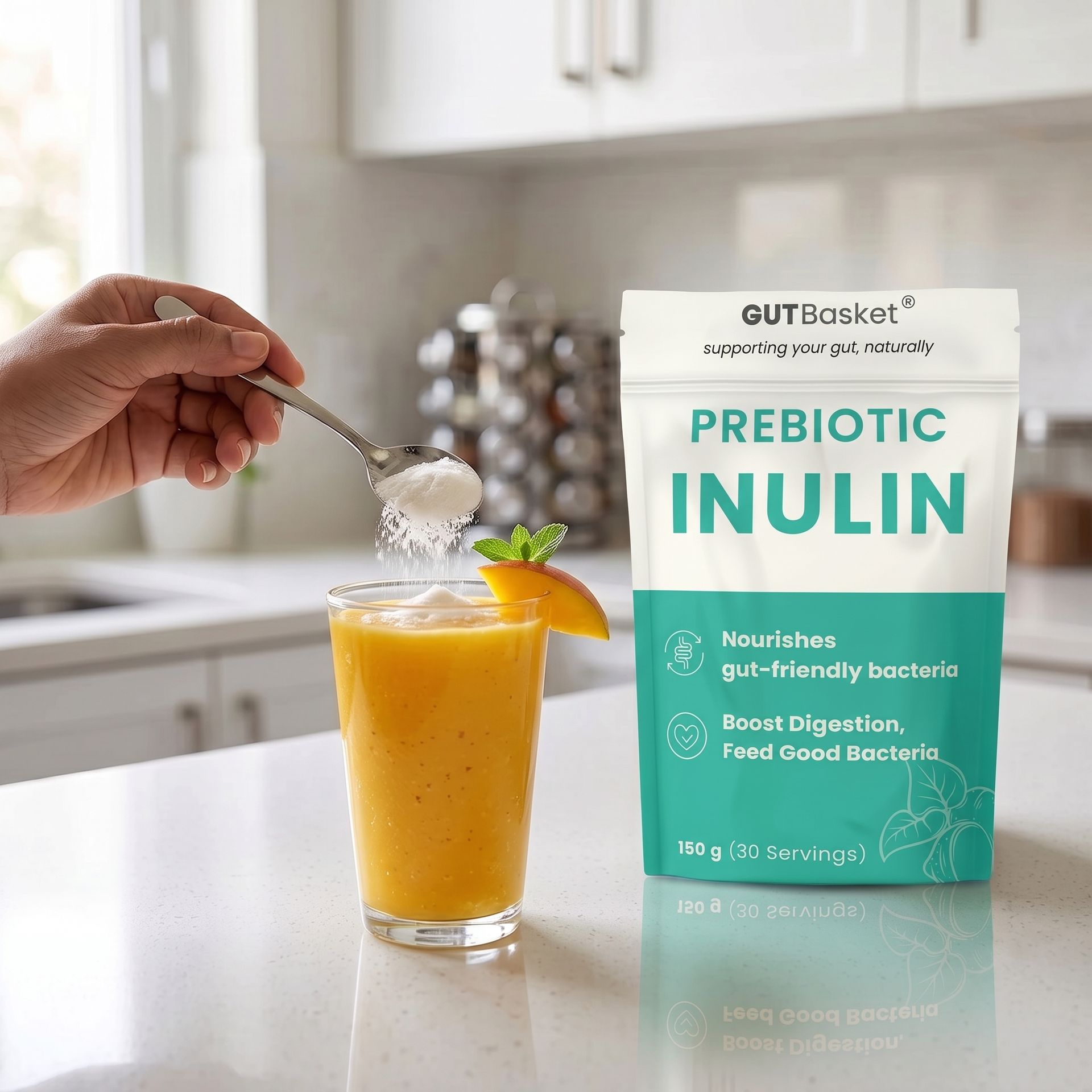 Gutbasket Pure Inulin Powder (250g) - Prebiotic Fiber for Gut Health & Digestive Wellness - Vegan, Non-GMO, Gluten-Free - Ideal for Smoothies, Coffee, and Baking