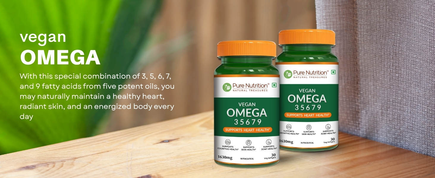 Pure Nutrition Vegan Omega 3 5 6 7 9 (30 Softgels) | Plant Based Veg Omega 3 Supplement with Blend of Seabuckthorn, Flaxseed, Pomegranate, Borage & Olive Oils | Supports Heart, Skin & Joint Health