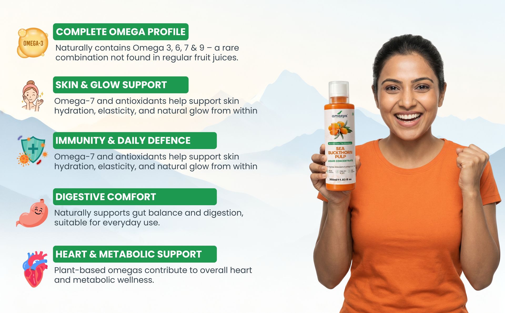 Amasya Naturals Sea Buckthorn Pulp Liquid Concentrate 350ml | Himalayan Sourced | Rich in Omega 3 6 7 & Antioxidants | Supports Immunity Skin & Digestion | Natural Health Supplement Juice (Pack of 1)