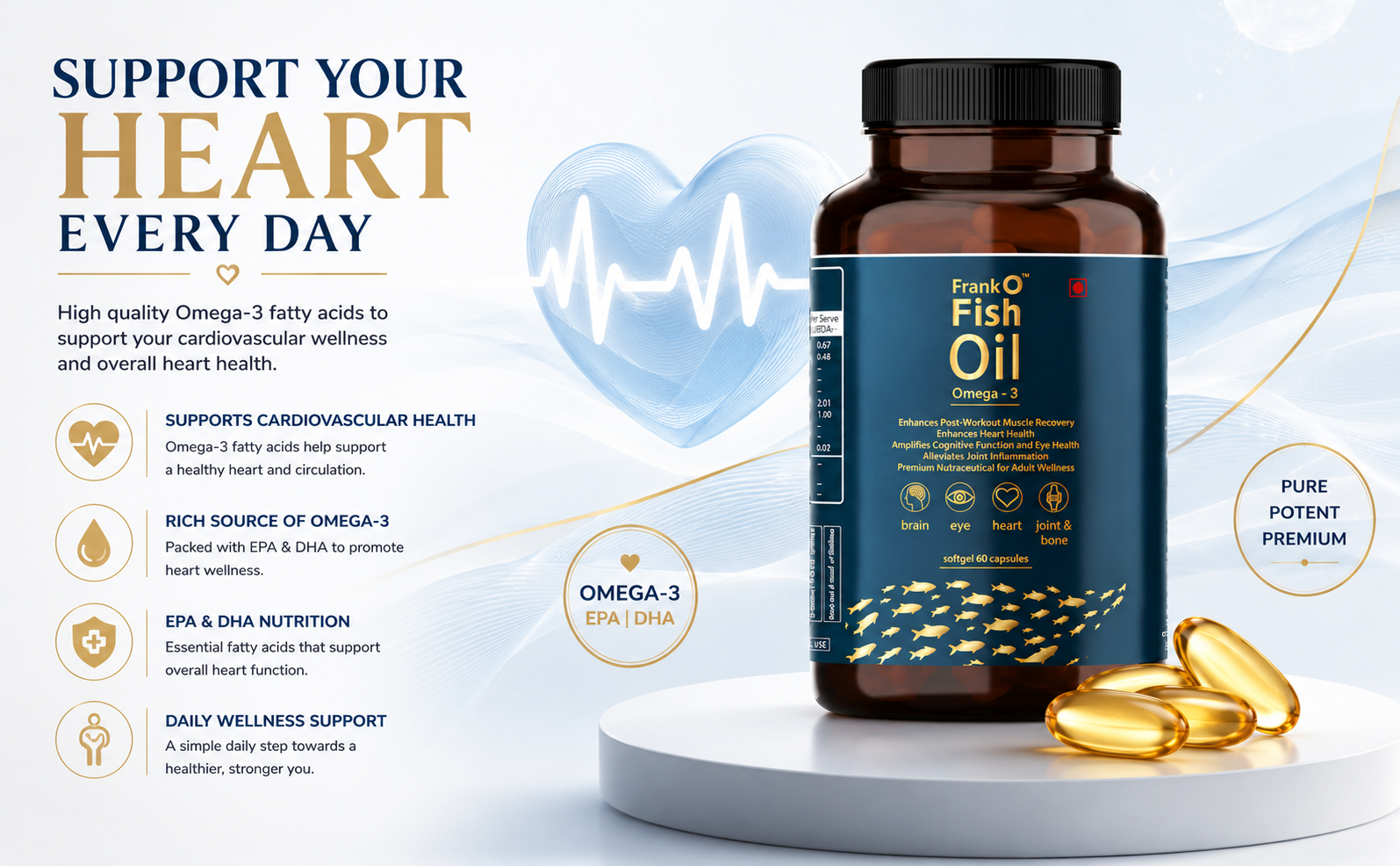Frank O Fish Oil Omega-3 Softgel 60 Capsules | Rich in EPA & DHA | Supports Heart, Brain & Joint Health | Daily Omega 3 Supplement for Adults