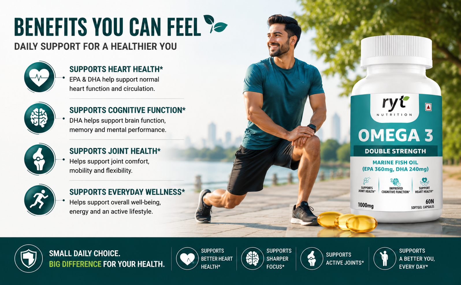 Omega-3 Double Strength Fish Oil 1000mg | 360mg EPA & 240mg DHA | Supports Heart, Brain, Eye & Joint Health | Helps Maintain Healthy Cholesterol & Triglycerides | 60 Softgel Capsules
