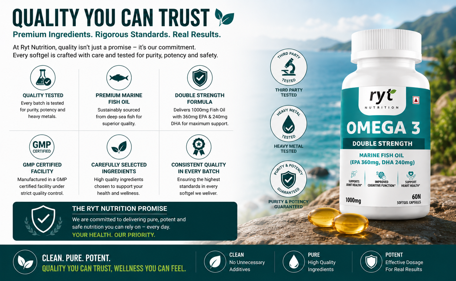Omega-3 Double Strength Fish Oil 1000mg | 360mg EPA & 240mg DHA | Supports Heart, Brain, Eye & Joint Health | Helps Maintain Healthy Cholesterol & Triglycerides | 60 Softgel Capsules