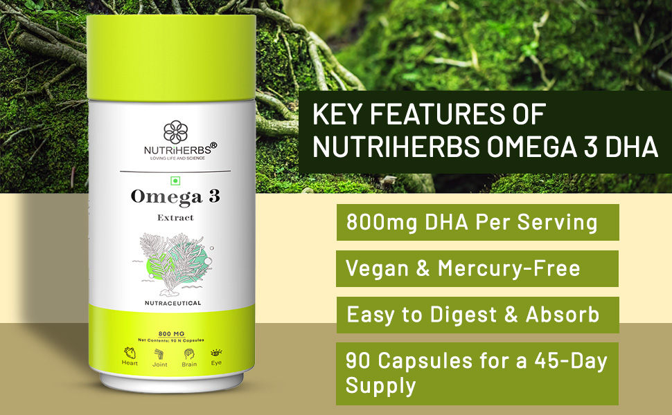 NUTRIHERBS Vegetarian Omega-3 Fatty Acids 800mg Capsule– Plant-Based DHA & EPA Supplement | Supports Heart, Brain, Joint, Eye & Skin Health | No Fish Oil | for Men & Women | 90 Capsules Pack of 2