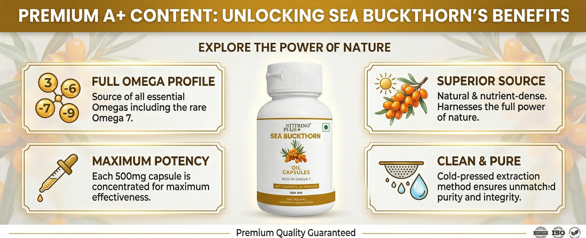 Sea Buckthorn Oil Capsules 500mg | Relieves Dry Eyes, Dry Skin & Gut Inflammation | Omega 7 Palmitoleic Acid | Hippophae Rhamnoides Extract | Antioxidant Dietary Supplement | 30 Softgels