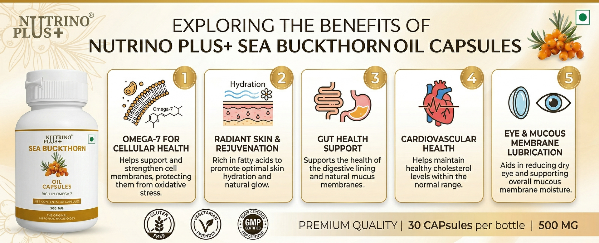 Sea Buckthorn Oil Capsules 500mg | Relieves Dry Eyes, Dry Skin & Gut Inflammation | Omega 7 Palmitoleic Acid | Hippophae Rhamnoides Extract | Antioxidant Dietary Supplement | 30 Softgels
