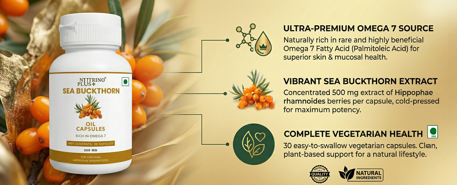 Sea Buckthorn Oil Capsules 500mg | Skin Glow & Anti-Ageing Supplement | Rich in Omega 7, Vitamins C & E | Hippophae Rhamnoides Extract | Antioxidant Capsules for Men & Women | 30 Count