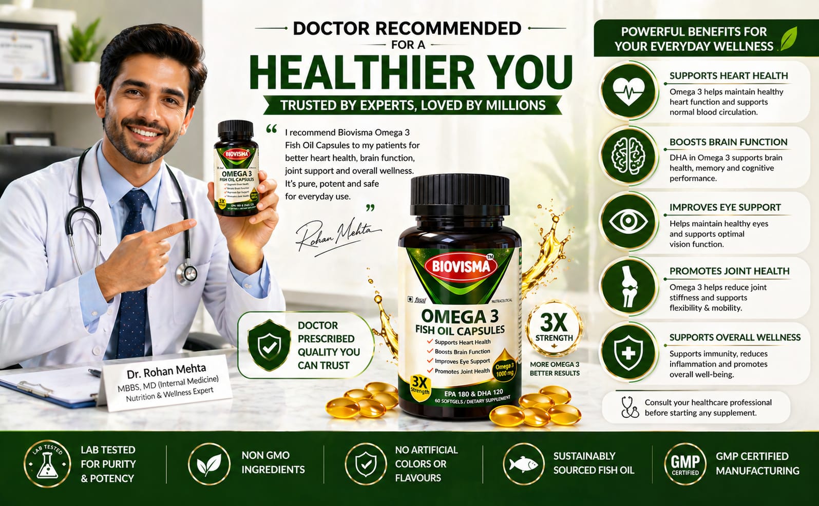 Triple Strength Omega 3 Fish Oil Capsules 1000mg with EPA 180mg and DHA 120mg | Heart Health, Eye Health, Brain Function and Joint Comfort with Fish Oil for Men & Women - 30 Softgel Capsules