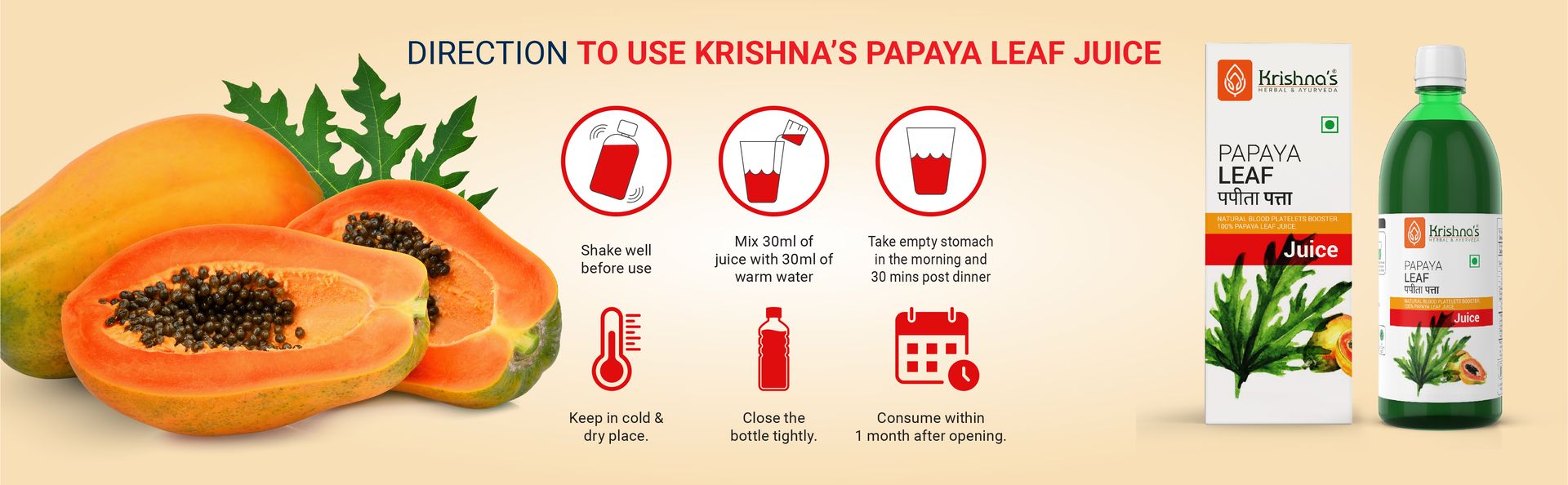 Krishna's Papaya Leaf Juice - 1000 ml | Fresh Papaya Leaves | Helps to platelets count - (Pack of 2)