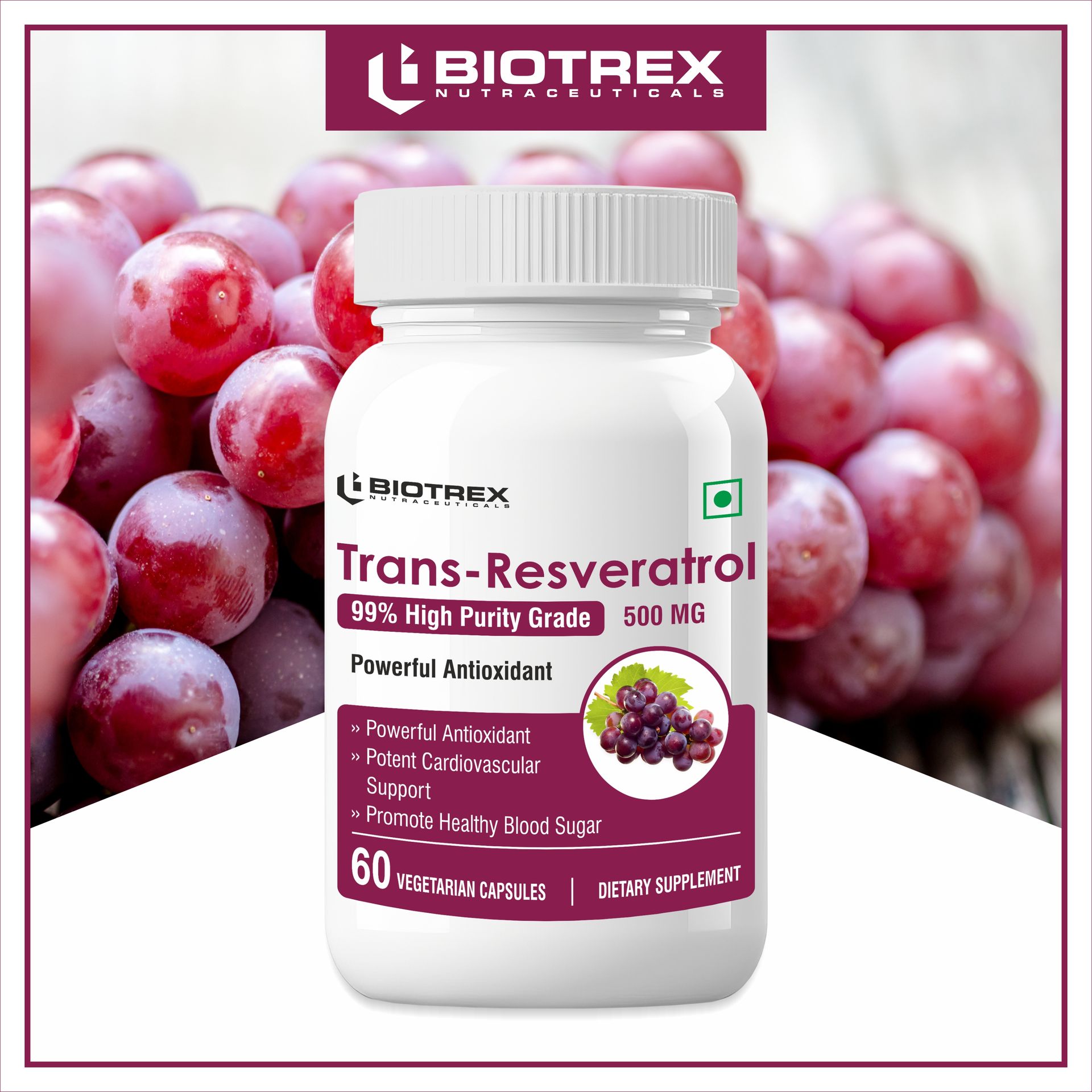 Biotrex Nutraceuticals Trans Resveratrol 500mg | 99% High Purity Grade | Grape Skin Extract | Supports Blood Sugar Levels & Healthy Heart | 60 Veg Capsules