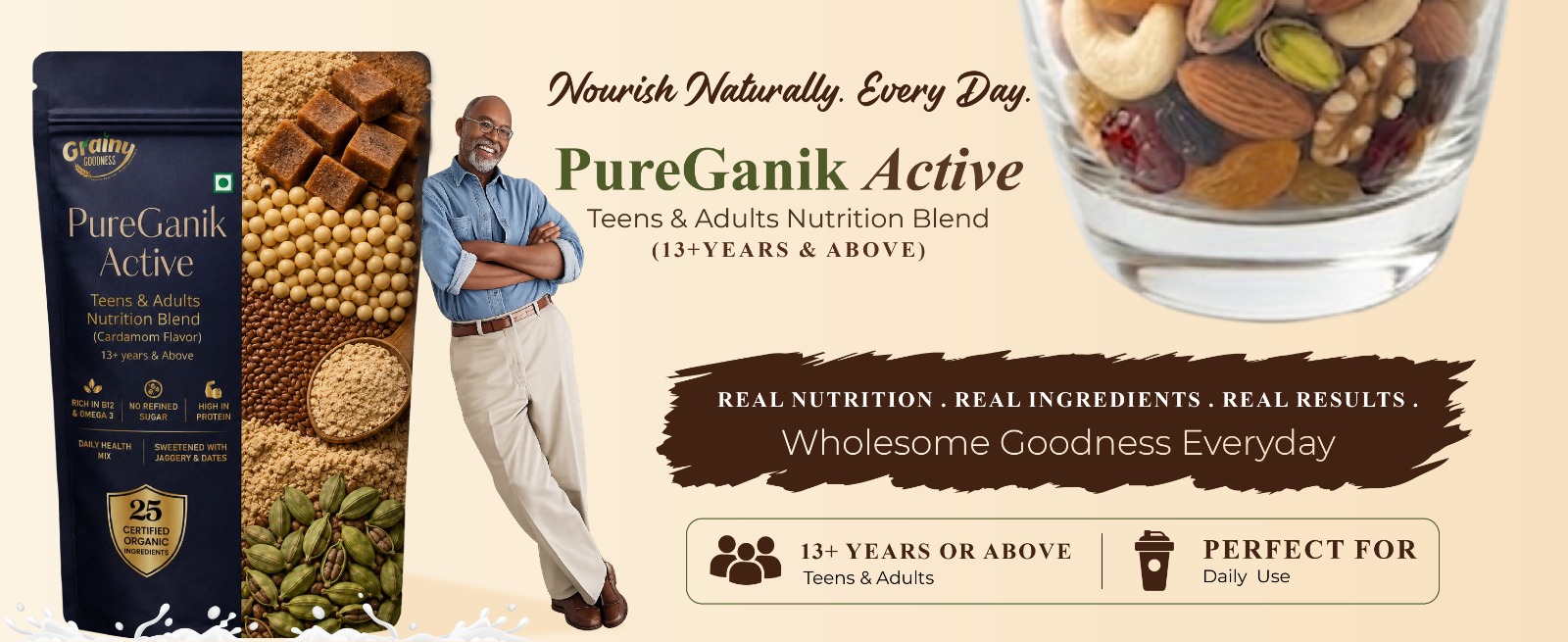PureGanik Active Teens & Adult | 25 Organic Ingredients | Chocolate Flavor Nutrition Powder | No Refined Sugar | High Protein | Daily Nutrition | Easy to Digest | 400 gm