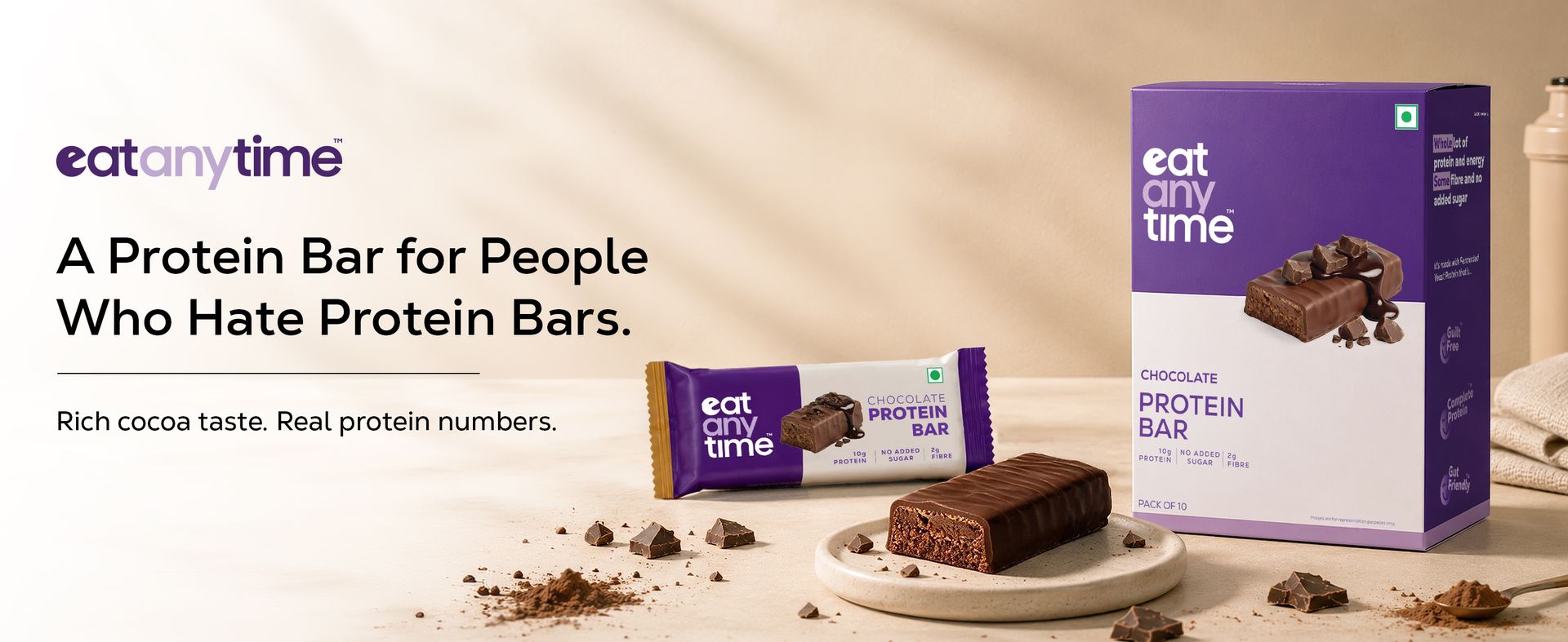 EAT Anytime Chocolate Protein Bar | No Added Sugar | 10g Protein per bar | Gut friendly | Low Calorie | Pack of 10 bar