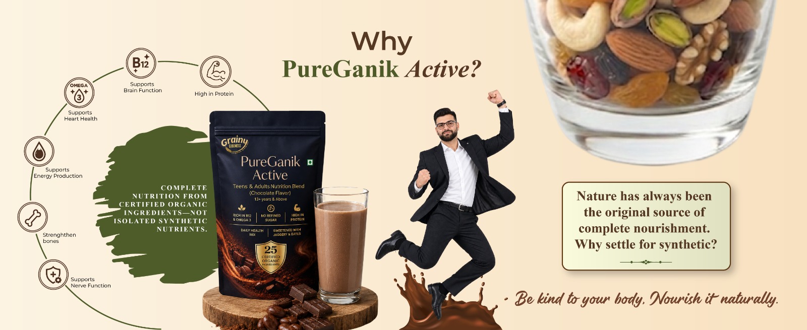 PureGanik Active Teens & Adult | 25 Organic Ingredients | Cardamom Flavor Nutrition Powder | No Refined Sugar | High Protein | Daily Nutrition | Easy to Digest | 400 gm