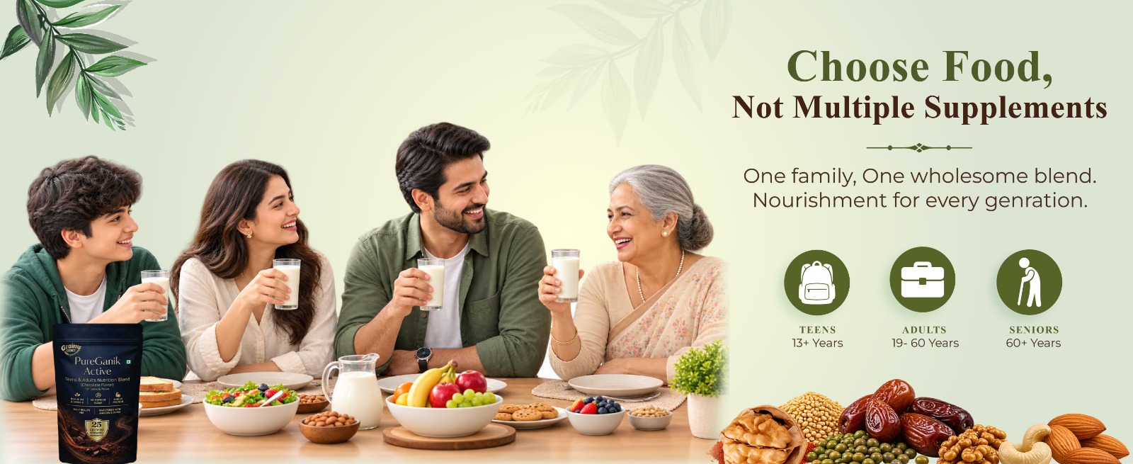 PureGanik Active Teens & Adult | 25 Organic Ingredients | Cardamom Flavor Nutrition Powder | No Refined Sugar | High Protein | Daily Nutrition | Easy to Digest | 400 gm