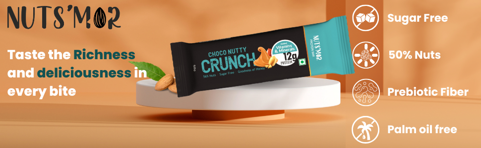 NUTS'MOR - Protein Daily Choco Nutty Crunch12g Protein Bar (Pack of 6) Protein Blend, Vitamins, Fibres & Minerals, No Preservatives,100% Veg, Natural, No Added Sugar,-300g