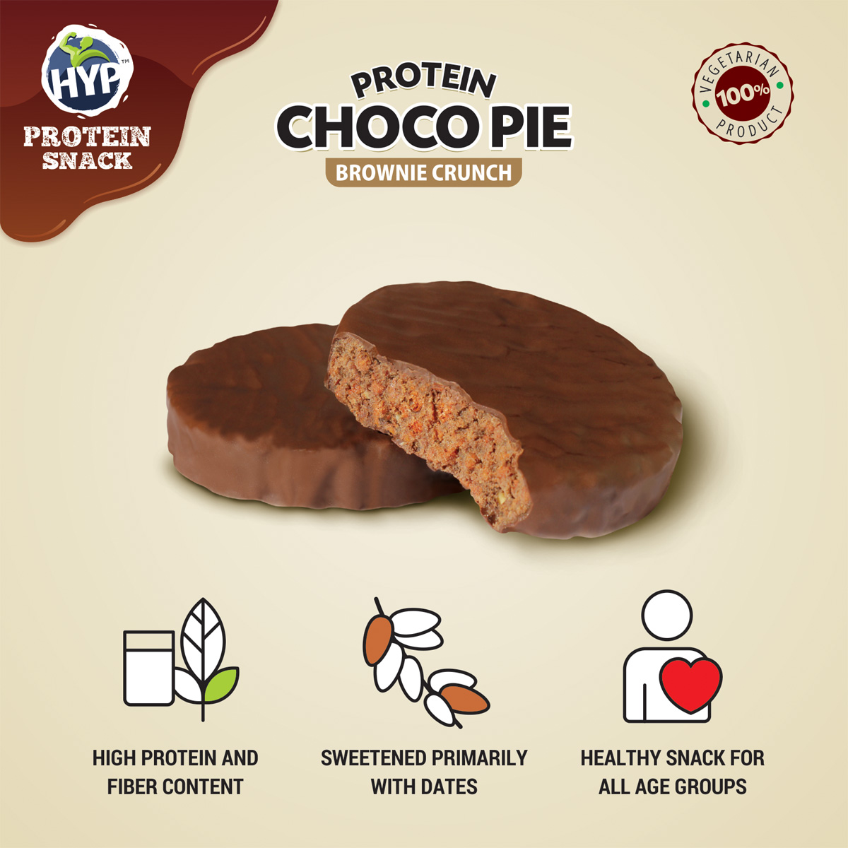 HYP- Protein Choco Pie, Brownie Crunch (6x50 g) | 10 g Protein per Pie | High Protein, High Fiber | Protein Pies Sweetened with Dates | Coated with Dark Chocolate | High Protein Snacks