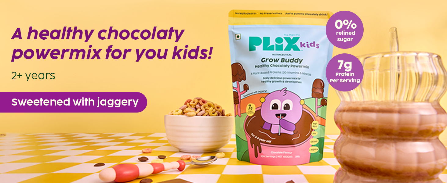 PLIX™ Kids GrowBuddy Chocolaty Powermix | 7g Protein | 20 Vitamins & Minerals | Ragi & Bajra | Supports Overall Health & Development | Healthier Growth & Stronger Bones | Best Protein Powder for Kids | Chocolate Flavour | 2+ Years (Pack of 1)