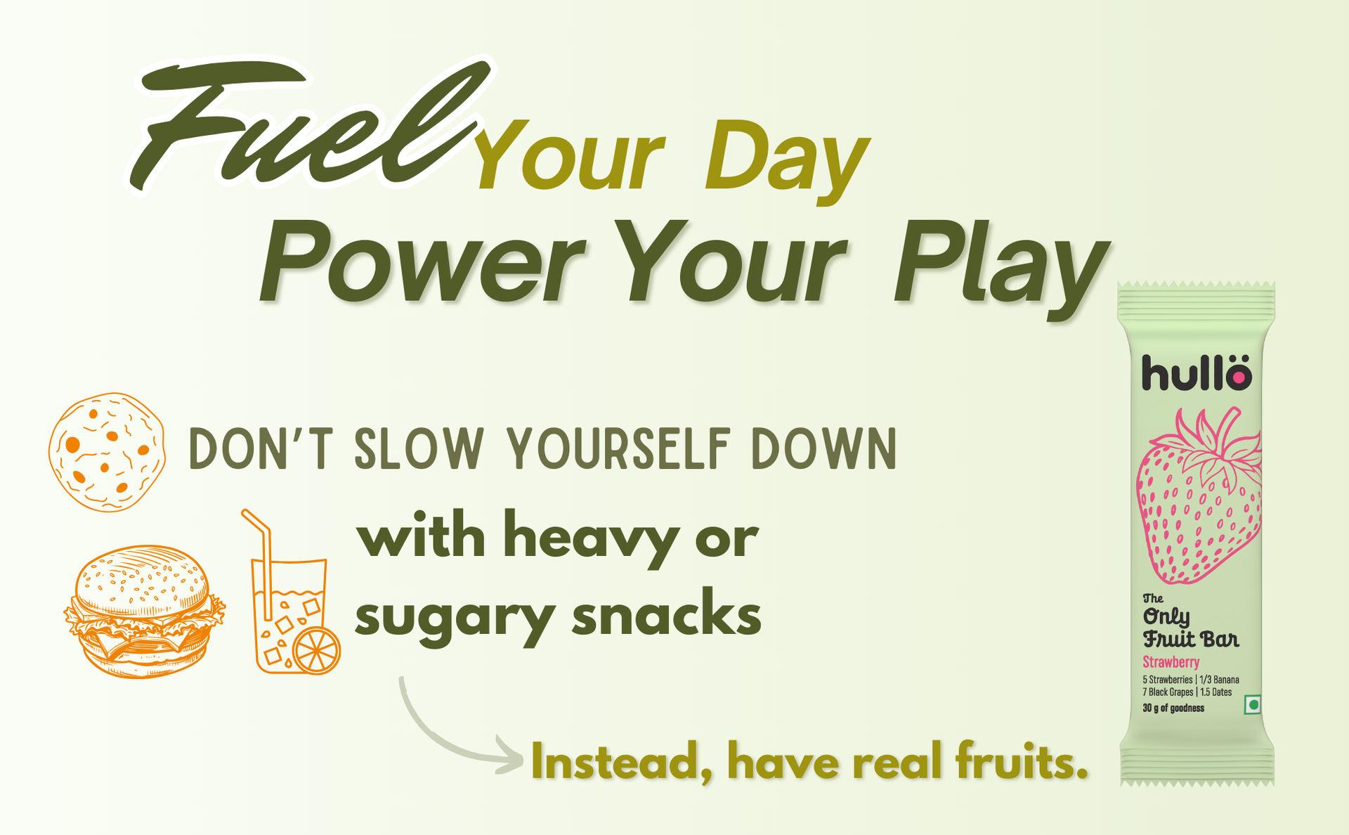 Hullo The Only Fruit Bar - Strawberry (Pack of 12 x 30g) | Healthy Energy Snack Bar for Kids & Adults with No Added Sugar & No Preservatives | Made with Only Strawberry, Banana, Black Grapes & Date