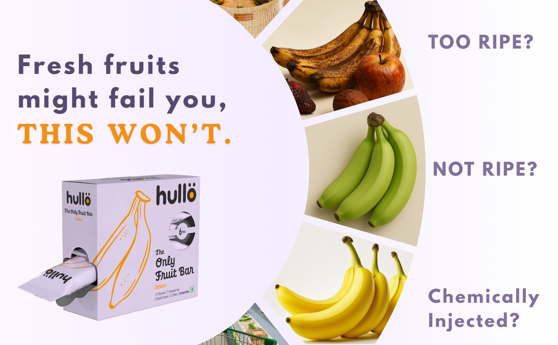 Hullo The Only Fruit Bar - Banana (Pack of 6 x 30g) | Healthy Snack Bar for Kids & Adults | Instant Energy Bar No Added Sugar & No Preservatives | Made with Banana, Strawberry, Black Grapes & Dates