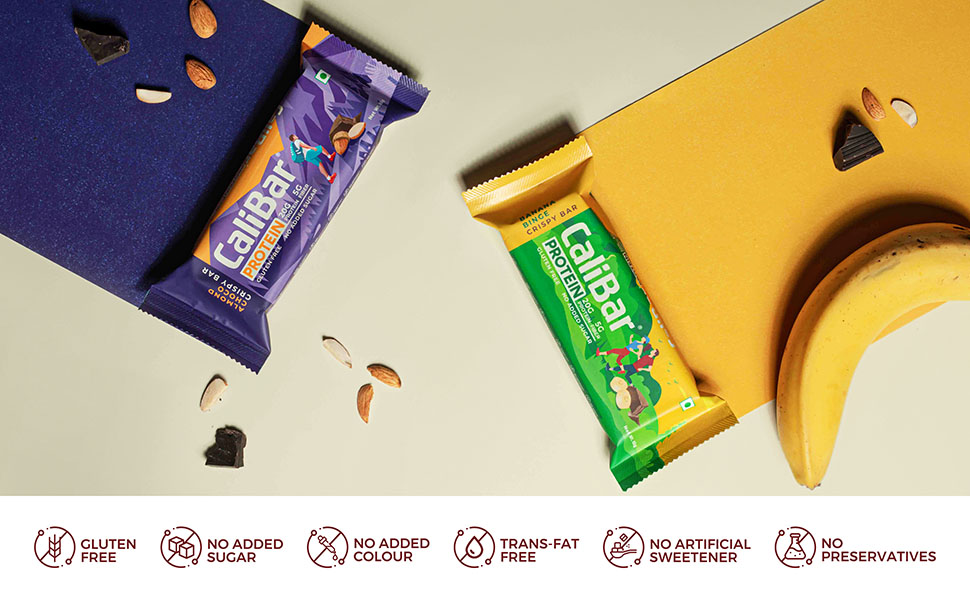 CaliBar 20g Protein Bar - Almond Choco Crispy Bar No added Sugar, Gluten-Free, 5g Fiber, No Preservatives, No Palm oil, Delicious Taste & 100% Veg Whey & Plant Based Protein (6 Bars)