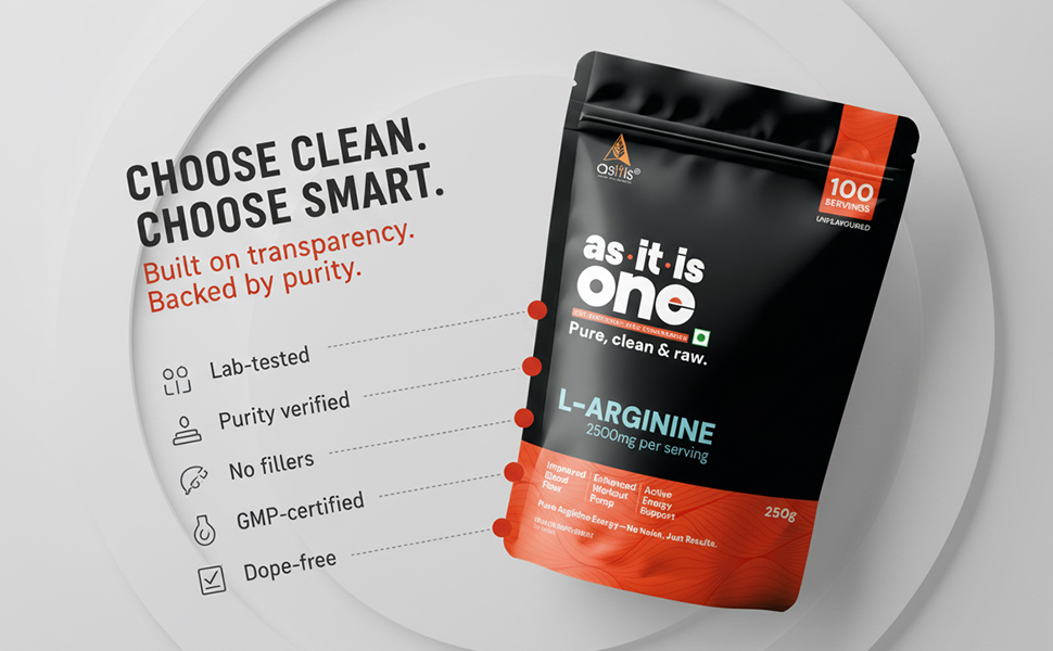 AS-IT-IS One L Arginine, Unflavoured & Unsweetened, 250g - Supports Blood Flow, Nitric Oxide Production & Workout Performance