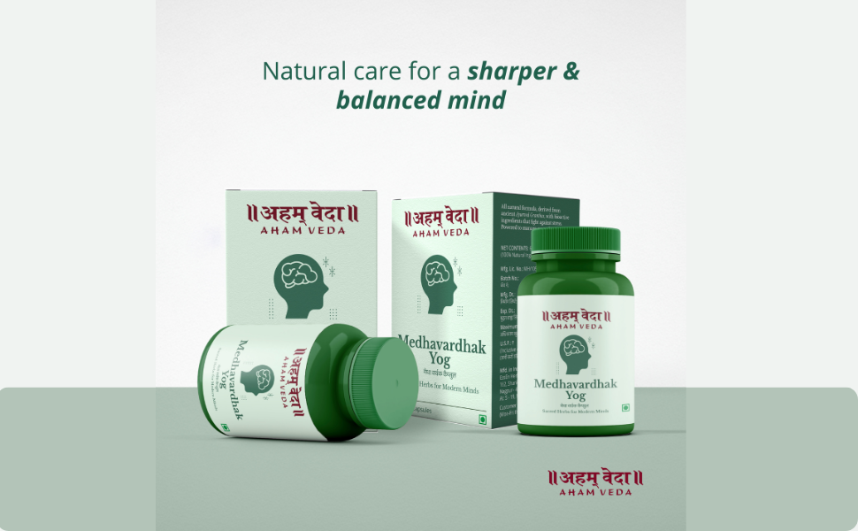 Ayurvedic Brain Tonic Capsules for Memory, Focus & Mental Wellness | Brahmi + 5 potent Medhya Rasayana Herbs | 100% Herbal, Non-Habit Forming | 60 Veg Capsules, by AhamVeda