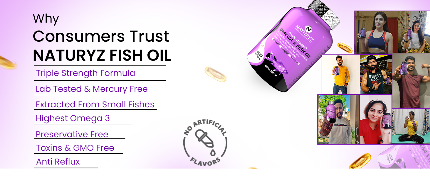 Naturyz Triple Strength Omega 3 Fish Oil with Highest Strength 2450 mg Omega 3-6-9 Per Serving(EPA 1200mg DHA 800mg)Capsule For Men & Women(Mercury Free, Preservatives Free, Anti Reflux 120 Softgels)