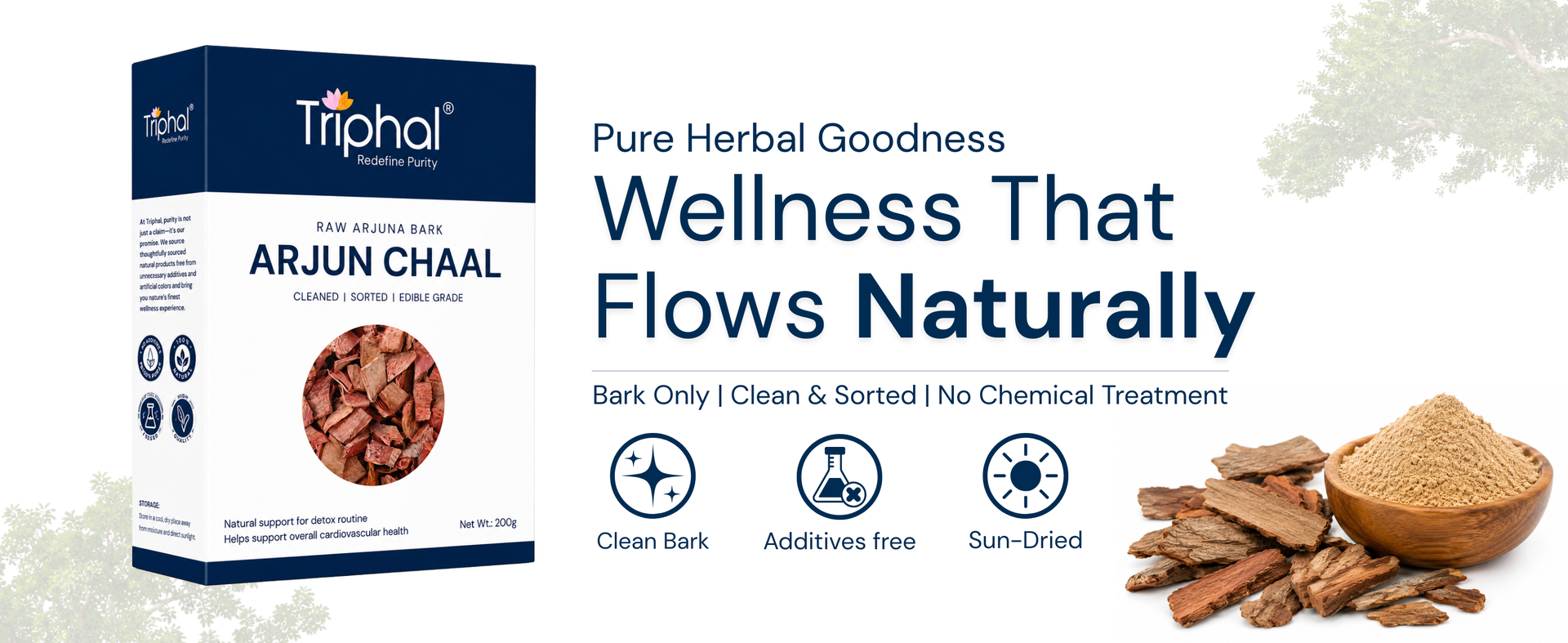 TRIPHAL Arjun Chaal (Whole Bark) 200g – Clean, Dirt-Free Terminalia Arjuna Bark | Natural Hridya Herb for Heart Wellness for Kadha or Decoction | Chemical-Free