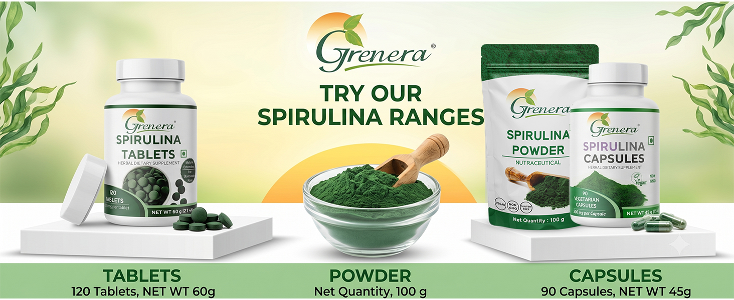 Grenera Organic Spirulina Tablets 120 Count | 1000 mg Per Serving | Uncoated Spirulina Supplement | Vegan & Plant-Based | Green Algae Tablets