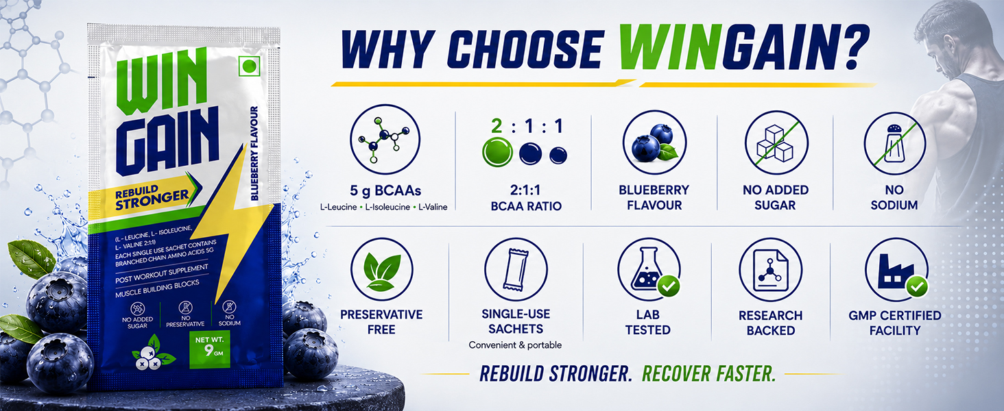 BCAA Powder Sachets | L-Leucine, L-Isoleucine & L-Valine | 5g Branched-Chain Amino Acids per Serving | Post Workout Supplement | Blueberry Flavour | Easy Mix Sports Nutrition Supplement | 9g Sachets