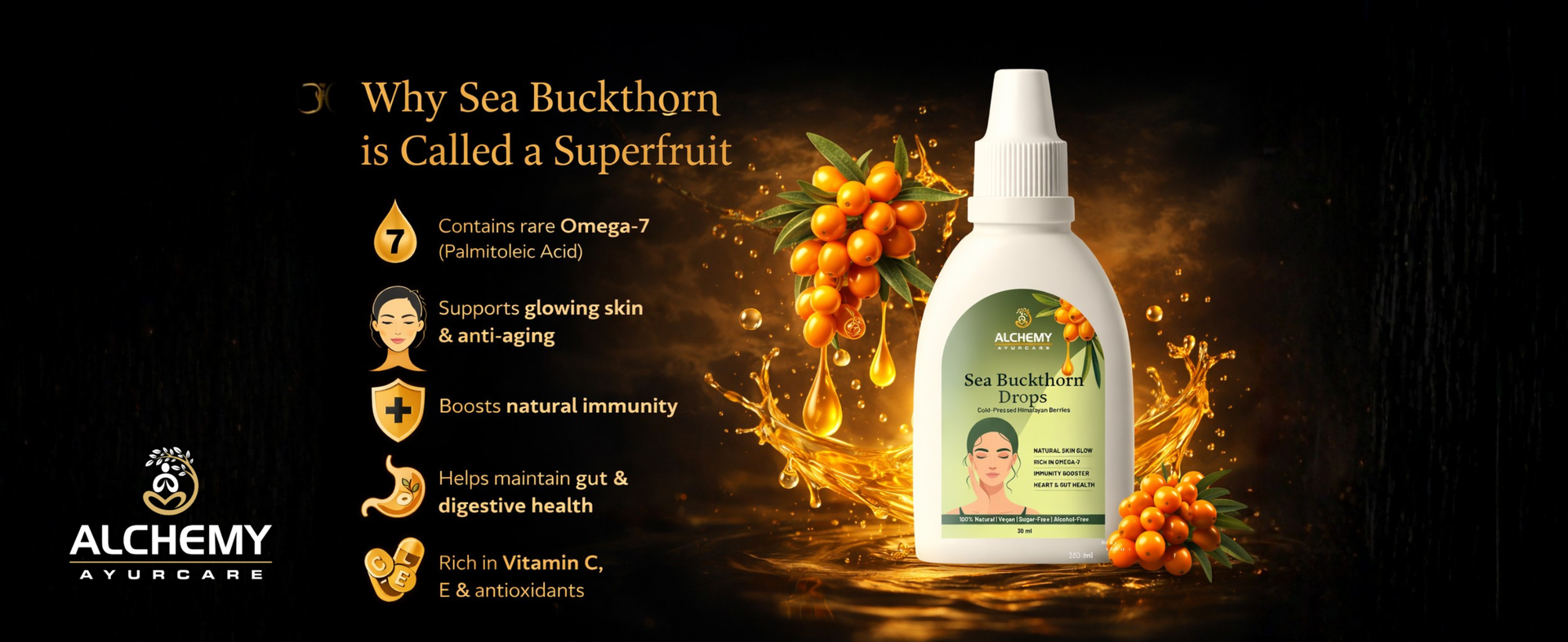 Sea Buckthorn Drops 30ml – Cold-Pressed Himalayan Wild Berry Extract | Rich in Omega 7 + Vitamin C | Natural Skin Glow, Hair Growth & Immunity Booster | Vegan, Sugar-Free, No Preservatives