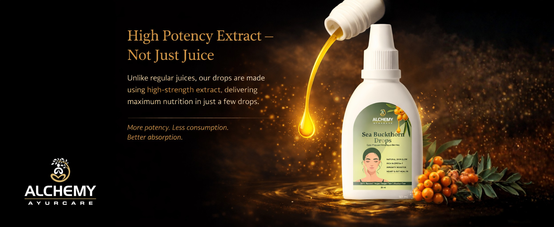 Sea Buckthorn Drops 30ml – Cold-Pressed Himalayan Wild Berry Extract | Rich in Omega 7 + Vitamin C | Natural Skin Glow, Hair Growth & Immunity Booster | Vegan, Sugar-Free, No Preservatives