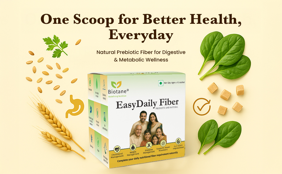 Biotane EasyDaily Fiber |Prebiotic Fiber for Gut Health Support |Maintains Cholesterol & Weight Management| Promotes Digestion & Bowel Movements |No flavor, No Preservative |10 Sachets (Pack of 2)