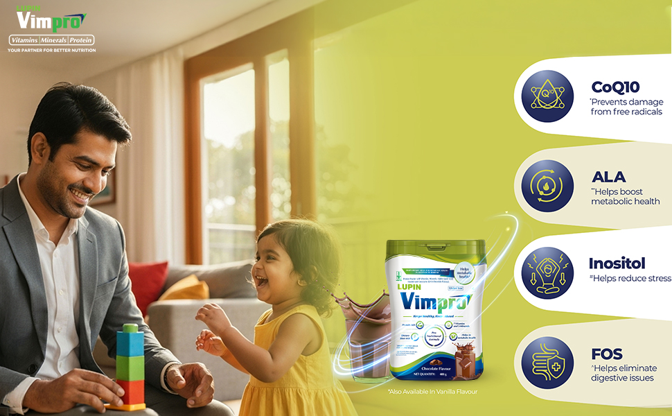 Lupin Vimpro Nutritional Chocolate Protein Powder, Supports Muscle Strength & Growth, Helps in Heart and Brain Health, Helps in Recovery, No Gluten, Protein Supplement with CoQ10, ALA, Inositol & FOS, With Vitamin Minerals & Protein, 400g